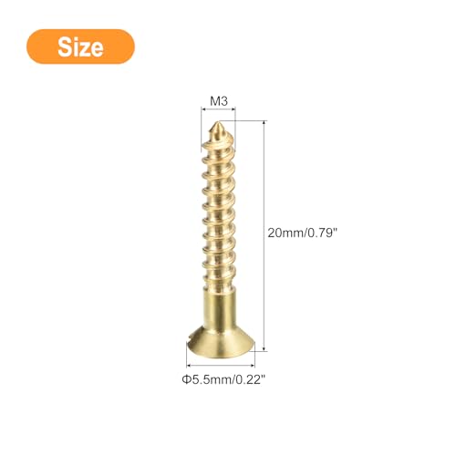 uxcell Brass Wood Screws, 30Pcs M3 x 20mm Slotted Drive Flat Head Self Tapping Screw Countersunk for Woodworking Furniture - size: M3 x 20mm