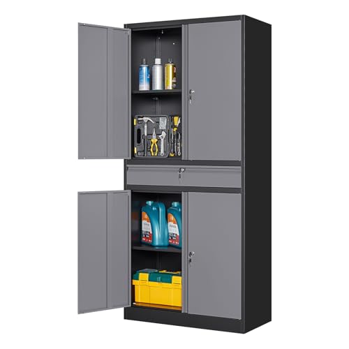 Yizosh Metal Garage Storage Cabinet with Locking Doors and Adjustable Shelves, 71" Steel Tool Storage Cabinet with 1 Drawer for Garage,Office,Warehouse (Gray Black) - color: Gray Black, size: 1 Drawer - 71"H