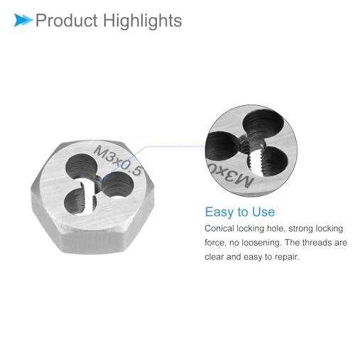 Hex Rethreading Die, M3 x 0.5 Pitch, Carbon Steel Cylindrical Pipe Threading Tool with 3 Chip Holes - (Applications: for Threading Repairing) - size: M3x0.5