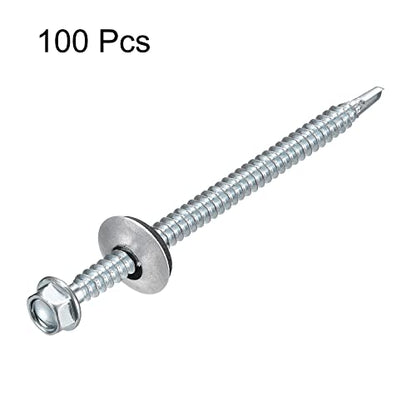 uxcell #12 x 3-9/16" Self Drilling Screws with Rubber Washer, 100pcs Zinc Plated Steel Roofing Screws Hex Head Self Tapping Screws with EPDM Washer for Metal to Metal - size: #12 x 3-9/16"