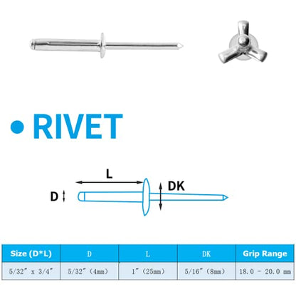 Jiozermi Aluminum Tri-Fold Rivets, 5/32" x 1", Silver - color: Silver, size: 5/32" x 1"