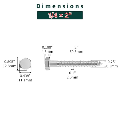 1/4 x 2 Hex Head Lag Screws Bolts with Flat Washers (20 Sets), 304 Stainless Steel 18/8, Partial Thread, Deck Screws, Heavy Duty Hex Head Wood Lag Screws, Fayeploo - size: 1/4 x 2"