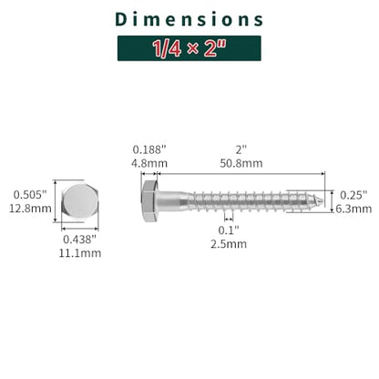 1/4 x 2 Hex Head Lag Screws Bolts with Flat Washers (20 Sets), 304 Stainless Steel 18/8, Partial Thread, Deck Screws, Heavy Duty Hex Head Wood Lag Screws, Fayeploo - size: 1/4 x 2"