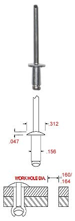 5/32" Diameter X 1/2" Stainless Rivet with Steel Mandrel, Dome Head, .376-.500 Grip Range (Pack of 100)