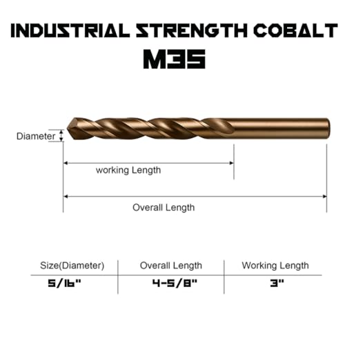 Narwhal 5/16 Inch Cobalt Drill Bits (3 Pack - Industrial Grade M35 Cobalt) 4-5/8" Length & 135 Degree Split Point for Drilling Into Metal, Hardened & Stainless Steel, Cast Iron, & More! - size: 5/16 in