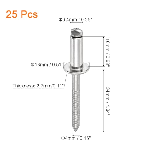 uxcell 25Pcs 1/4"x5/8" 304 Stainless Steel Dome-Head Blind Rivets, Open-End Type Blind Rivets for DIY, Sheet Metal, Automotive Repairs, Furniture, Boat, and Duct Work (Silver) - color: Silver, size: 1/4"x5/8"