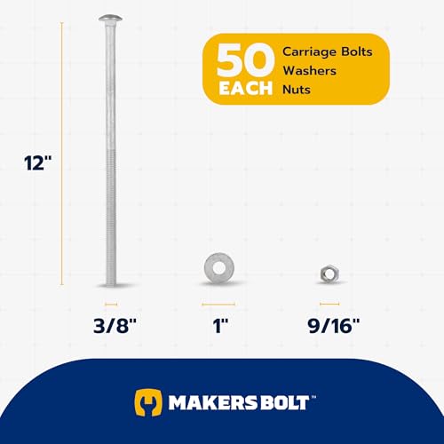 3/8" x 12" (50 Pack) Galvanized Carriage Bolt Kit, Grade 307A, Hot Dip Galvanized for Exterior Use by Makers Bolt - size: 3/8 x 12