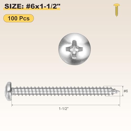 METALLIXITY Phillips Pan Head Self Tapping Screw #6x1-1/2 100Pcs - color: Silver Tone, size: #6x1-1/2"