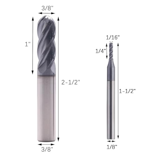6Pcs 1/16"-3/8" 4 Flute Solid Carbide Ball Nose End Mills Set, AlTiN Coated