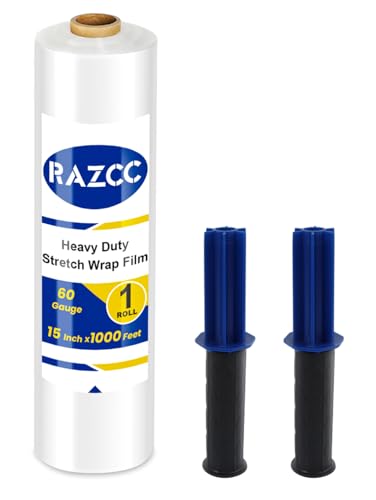 RAZCC Stretch Film, Industrial Strength Stretch Wrap for Pallet Wrap, Heavy Duty Clear Plastic Wrap with Handles, Moving Wrapping Plastic Roll, 15 Inch x 1000 Feet, 60 Gauge, 1 Pack - size: 1 Roll