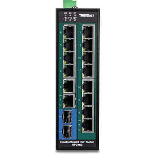 TRENDnet 16-Port Industrial Unmanaged Gigabit PoE+ DIN-Rail Switch,TI-PG162 - style: 14 Port Switch w/ 2 SFP Slots