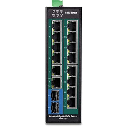 TRENDnet 16-Port Industrial Unmanaged Gigabit PoE+ DIN-Rail Switch,TI-PG162 - style: 14 Port Switch w/ 2 SFP Slots