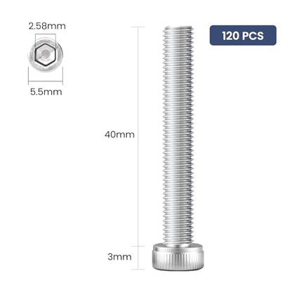 120pcs M3 x 40mm Hex Socket Head Cap Screws Bolts, 304 Stainless Steel 18-8, Allen Socket Drive,Bright Finish, Full Threads,with Hex Spanner - size: M3 x 40mm