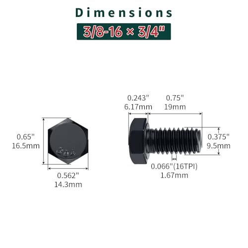 3/8-16 x 3/4" Hex Bolts with Nuts and Washers (10 Sets), 18-8 (304) Stainless Steel, External Hex Drive, Black Oxide Coated Hexagon Head Bolts Screws, Fayeploo - size: 3/8-16 x 3/4"