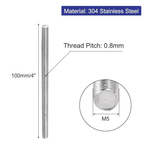 uxcell M5 x 100mm 304 Stainless Steel Fully Threaded Rod Bar Studs Fasteners 5 Pcs - size: M5 x 100mm