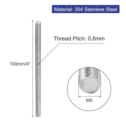 uxcell M5 x 100mm 304 Stainless Steel Fully Threaded Rod Bar Studs Fasteners 5 Pcs - size: M5 x 100mm