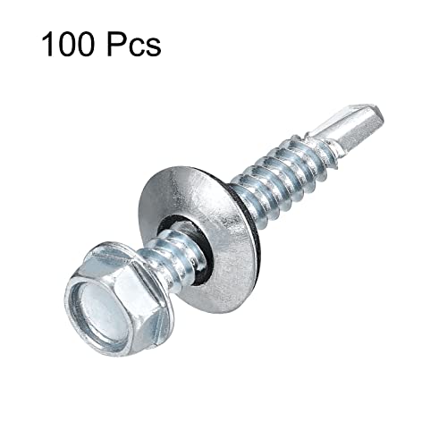 uxcell #14 x 1-1/2" Self Drilling Screws with Rubber Washer, 100pcs Zinc Plated Steel Roofing Screws Hex Head Self Tapping Screws with EPDM Washer for Metal to Metal - size: #14 x 1-1/2"