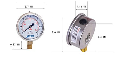 Pressure Gauge,Glycerin Liquid Filled,2-1/2" Dual Scale Dia,0-30 psi/bar/kpa,1/4" NPT Male Brass Connection,Lower Mount, Stainless Steel Case,for Pneumatic,Pump,Hose,Well Tank,Gas Air Water Oil - size: 0-30 psi, style: lower mount