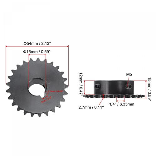 uxcell 25 Tooth Roller Sprocket B Type, #25 Chain, Single Strand 1/4" Pitch, 15mm Bore Black Oxide C45 Carbon Steel, Keyway with Set Screws for ISO 04C - size: 15mm