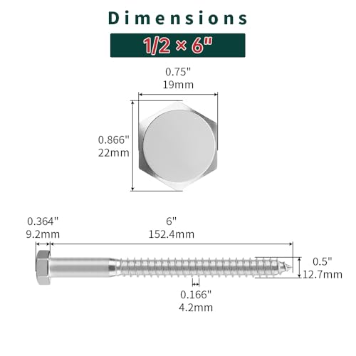 1/2 x 6 Hex Head Lag Screws Bolts with Flat Washers (6 Sets), 304 Stainless Steel 18/8, Partial Thread, Deck Screws, Heavy Duty Hex Head Wood Lag Screws, Fayeploo - size: 1/2 x 6"