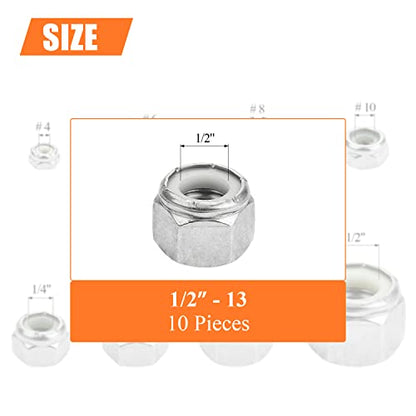 HELIFOUNER 10 Pieces 1/2"-13 Nylon Insert Hex Lock Nuts, 304 Stainless Steel (18-8) Locknuts, Bright Finish, Coarse Thread - size: 1/2"-13 (10 pcs)