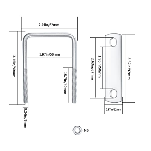 6 Pack 2in Square U-Bolts, Stainless Steel U Bolts with Plates and Nuts - color: Square, 2"/50mm