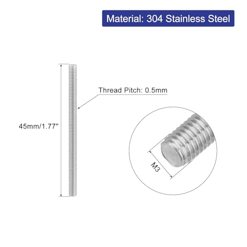 uxcell 8Pcs Fully Threaded Rod, M3 x 45mm 304 Stainless Steel Right Hand Thread Bar Studs M3-0.5 Thread Pitch for Furniture Machinery Assembly - size: M3 x 45mm