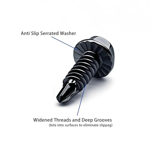 Garage Door Screws (50 Pack) - Black Color 1/4" x 3/4" Self Drilling Tek Screws with Serrated Hex Washer Head, Zinc Plated Metal to Metal Fasteners for Hinge & Bracket Repair, Roofing, HVAC - color: Black