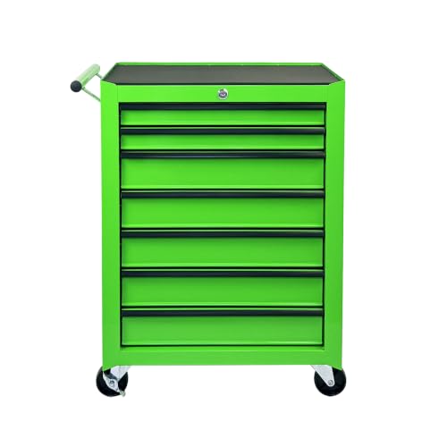 Rolling Metal Tool Chest with 7 Drawers – 20" Steel Tool Cabinet with Ball Bearing Slides, Lockable Storage Organizer for Garage & Workshop – Green - color: Green-7