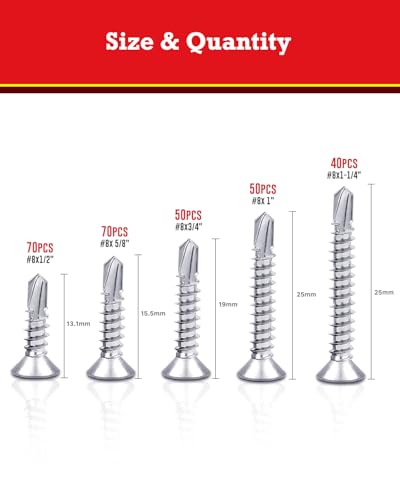 280PCS Self Tapping Screws for Metal, 410 Stainless Steel Sheet Metal Screws, #8 Assorted Phillips Self Drilling Screws Set for Metal Sheets, Wood, Roofing (1/2", 5/8", 3/4", 1", 1-1/4") - size: 280PCS