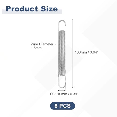 uxcell 8Pcs Stainless Steel Extension Spring Dual Hook 1.5mmWD,10x100mmODxL - size: 1.5mm Wire, 10mmx100mm(ODxL)
