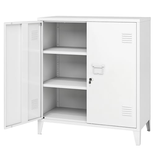 MIOCASA Metal Storage Cabinet with Locking Double Doors, Lockable Steel Cabinet with Adjustable Shelves for Home Office, Garage, Coffee Bar, Entryway - color: White