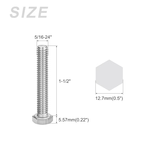 METALLIXITY Hex Head Bolts (5/16-24 x 1-1/2") 6Pcs, 304 Stainless Steel 18-8 Fully Threaded, External Hex Drive, Plain Finish, Hex Head Screw Bolt, Silver - size: 5/16-24x1-1/2"