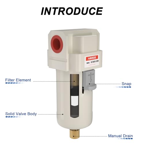 AIRZOE 3/8" NPT Compressed Air Filter, Semi-Auto Drain,0-150psi, AF3000-03 - size: 3/8" NPT