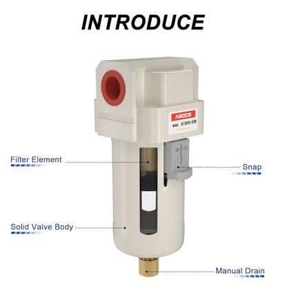 AIRZOE 3/8" NPT Compressed Air Filter, Semi-Auto Drain,0-150psi, AF3000-03 - size: 3/8" NPT