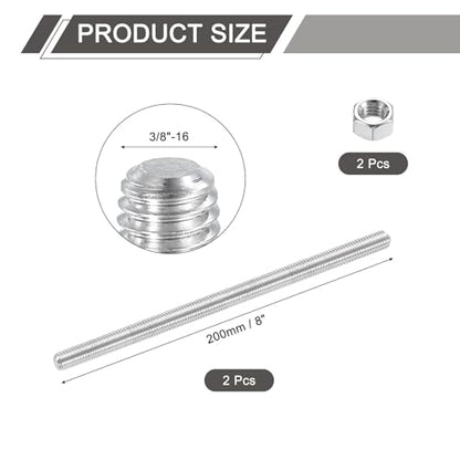 uxcell 3/8"-16 Fully All Threaded Rod, 2 Pcs 304 Stainless Steel Long Threaded Screw 8" Length Right Hand Threads for Furniture Mounting Assembly Fastening - size: 8"