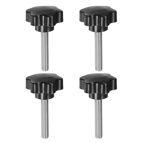 HARFINGTON 4pcs Star Knobs M10 x 55mm 304 Stainless Steel Threaded Stud 46mm Plastic 6-Star Head Hand Tightening Thumb Screw Clamping Jig Knob Handle, Black - size: M10 x 55mm x 46mm