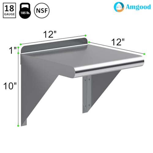 AmGood 12 in. Deep x 12 in. Wide Stainless Steel Wall Mount Shelf with Backsplash - Small Appliance & Tool Storage | NSF 18-Gauge 430, Holds 185 lbs | Bullnose Edge, Brackets Included - size: 12 in. x 12 in.