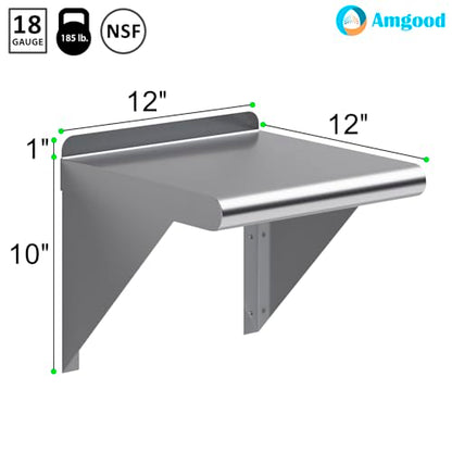 AmGood 12 in. Deep x 12 in. Wide Stainless Steel Wall Mount Shelf with Backsplash - Small Appliance & Tool Storage | NSF 18-Gauge 430, Holds 185 lbs | Bullnose Edge, Brackets Included - size: 12 in. x 12 in.