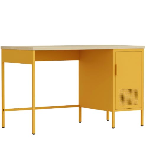 Wood Top Side Cabinet with 2-Tier Metal Storage Cabinet & Locker, Study Desk with Legs, Easy Assembly, Holds Books, Laptops & Everyday Essentials for Home, Office Yellow - color: Mustard, style: Cabinet-30"H-BY