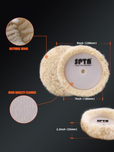 SPTA Wool Polishing Pads, 8"(200mm) 100% Natural Wool Buffing Pad with Hook & Loop Backing 4pcs Set Come with 5/8-11 Thread Backing Plate for Car Polishing, Buffing and Cutting - size: 8inch (200mm) Sets