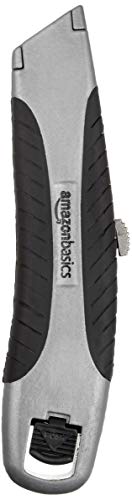 Amazon Basics Soft Grip Retractable Utility Knife with 3 Carbon Steel Blades, Quick Change Blade System, Black/Silver
