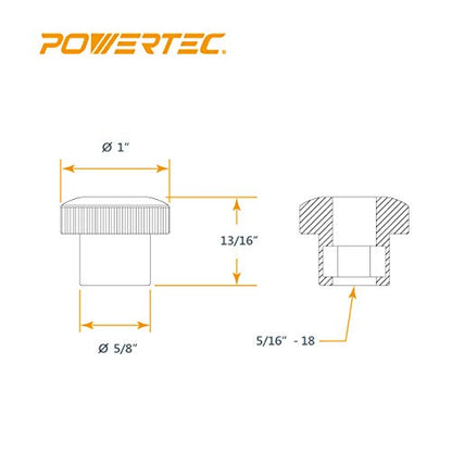POWERTEC 5 Pack 5/16"-18 Round Knobs, Threaded Clamping Knobs for T Track & Table Saw Accessories, Featherboard, Woodworking Jigs on Miter Saw, Router Table, Drill Press (QNB3005) - style: 5/16", Round