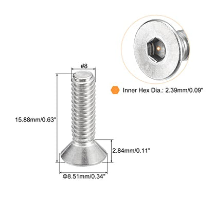 uxcell #8-32x5/8 Flat Countersunk Head Socket Cap Screws, 50Pcs 304 Stainless Steel Hex Socket Flat Head Screws, Full Thread, Countersunk Bolts - size: #8-32x5/8"