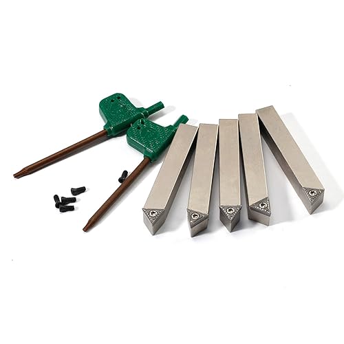 Mini Indexable Lathe Turning Tool-3/8" Shank Nickel Plated 5 Pieces Carbide Turning Tool Set, Metal Lathe Cutting Tools with Carbide Inserts TCMT110204(TCMT21.51)