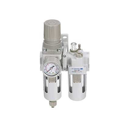 PneumaticPlus SAU310-N03G Compressed Air Filter Regulator Lubricator Piggyback Combo 3/8" NPT - Poly Bowl, Manual Drain, Bracket, Gauge