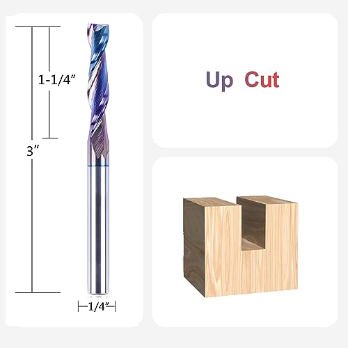 SpeTool Upcut Spiral Router Bits 1/4 Inch Shank with Coating, 1-1/4 Inch Cutting Length 3 Inch OVL, Carbide Up Cut Router Bit for CNC Woodworking Inlay Slot Mortise Cutting Carving Engraving - size: 1/4" Dia - 1-1/4" CL -1/4" Shank, style: UP CUT