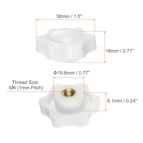 HARFINGTON 6pcs Star Knobs M6 Female Thread 38mm 6-Point Plastic Head Brass Insert Non-Through Hole Screw-in Threaded Hand Knob Clamping Handle, White - color: White, size: M6 x 38mm