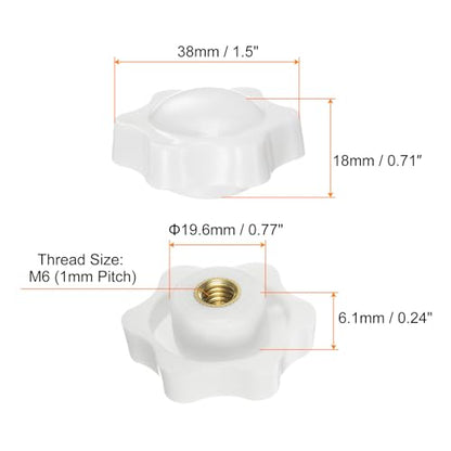 HARFINGTON 6pcs Star Knobs M6 Female Thread 38mm 6-Point Plastic Head Brass Insert Non-Through Hole Screw-in Threaded Hand Knob Clamping Handle, White - color: White, size: M6 x 38mm