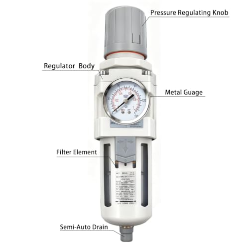 XingNEeng 1/2" NPT Compressed Air Filter Regulator Combo Piggyback, Water/Oil Trap Separator with Pressure Gauge(0-150 psi), Semi-Auto Drain, Poly Bowl, 5 Micron Brass Element, Metal Bracket - color: 1/2" Npt, size: Semi-Auto Drain